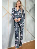 Saten Önden Düğmeli Uzun Pijama Takım Anıl 9723 Lacivert