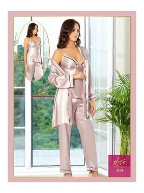 XSES Saten İnce Askılı 3Lü Sabahlık Pijama Çeyiz Seti XSES 2101