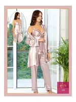 Saten İnce Askılı 3Lü Sabahlık Pijama Çeyiz Seti XSES 2101 Pudra