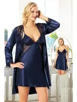 Saten İnce Askılı Bel Dekolteli Kısa 2Li Gecelik Sabahlık Çeyiz Seti XSES 2109 Lacivert