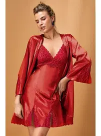 Nurteks Saten Kimono Takım Bordo Nurteks 5325