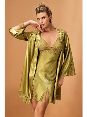 Nurteks Saten Kimono Takım Yeşil Nurteks 5325