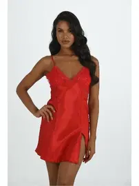Ahu Lingerie Saten Kırmızı Dantelli Kısa Gecelik Ahu Primoda 8200