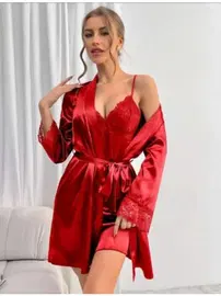 Real Passione Saten Kuşaklı Dantelli Kısa Kadın Gecelik Sabahlık Takım Real Passione 3037