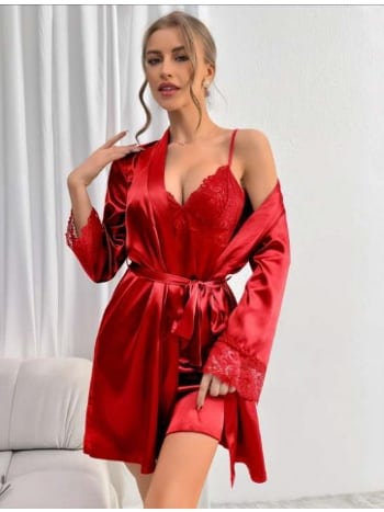 Saten Kuşaklı Dantelli Kısa Kadın Gecelik Sabahlık Takım Real Passione 3037