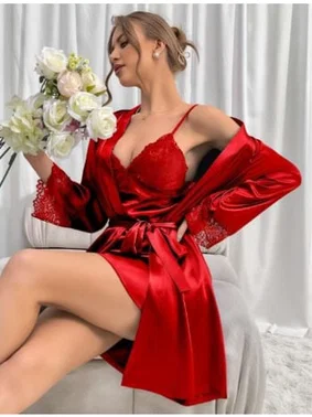 Real Passione Saten Kuşaklı Dantelli Kısa Kadın Gecelik Sabahlık Takım Real Passione 3037 - Alternatif Görünüm