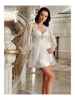 Saten Mini Dantelli Tüllü Taşlı Transparan Fantazi Gecelik Takım İmaj 4217 Beyaz