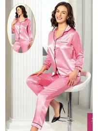 XSES Saten Önden Düğmeli Cepli Gömlek Yaka Kadın Pijama Takımı Pembe XSES 2105