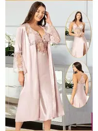 XSES Saten Pudra Yırtmaçlı İnce Askılı 2Li Midi Boy Gecelik Sabahlık Çeyiz Seti XSES 2110