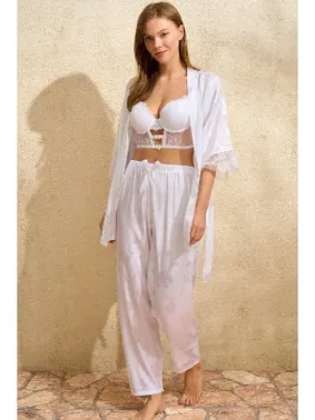 Anıl Saten Çiçek Desenli Dantelli Sabahlık Balenli Destekli Dolgulu Büstiyer Sütyen ve Pantolon Pijama 3'lü Takım Anıl 4821