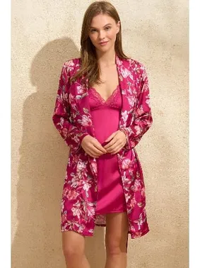 Anıl Saten Çiçek Baskılı Sabahlık ve İp Askılı Dantelli Kısa Gecelik Takım Anıl 5646