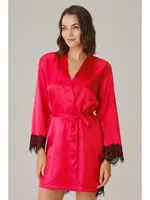 Saten Sırt Detaylı Dantelli Sabahlık ve String Takım Anıl 5738 Kırmızı
