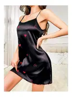 Saten Siyah Kalp Desenli Mini Fantazi Gecelik NightLight 3648  Görsel