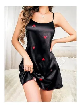 NightLight Saten Siyah Kalp Desenli Mini Fantazi Gecelik NightLight 3648 - Alternatif Görünüm