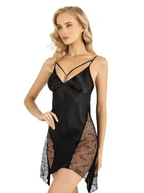 Ahu Lingerie Saten Siyah Yanları Transparan Kısa Gecelik Ahu Primoda 8233