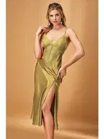 Saten Uzun Gecelik Yeşil Nurteks 7136 Yeşil