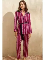 Kuşaklı Saten Uzun Kol Gömlek Pantolon Takım Anıl 9765 Bordo