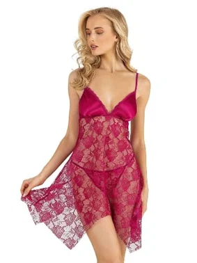 Ahu Lingerie Saten Yaka Vişne Kısa Tül Gecelik Ahu Primoda 4215