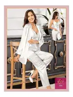 Saten Yakası Çiçek Güpürlü 3Lü Sabahlık Pijama Çeyiz Seti XSES 2103 Ekru