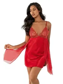 Ahu Lingerie Saten Yanları Tül Kırmızı Kısa Gecelik Ahu Primoda 8243