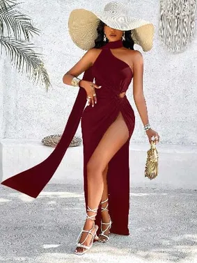 Pink Night Seksi Bordo Uzun Kadın Elbise Pink Night 5547