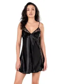 Ahu Lingerie Şerit Dantel Detaylı Siyah Kısa Saten Gecelik Ahu Primoda 8128