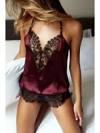 SHE Saten Dantelli Bordo Erotik Kadın Gecelik SHE 2029