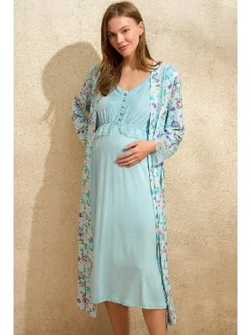 Anıl Sıfır Kol V Yaka Viskon Çiçek Desenli Yazlık Uzun Dantel Detaylı Hamile Gecelik Sabahlık Anıl 5774