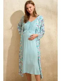 Anıl Sıfır Kol V Yaka Viskon Çiçek Desenli Yazlık Uzun Dantel Detaylı Hamile Gecelik Sabahlık Anıl 5774