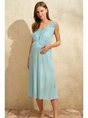 Anıl Sıfır Kol V Yaka Viskon Çiçek Desenli Yazlık Uzun Dantel Detaylı Hamile Gecelik Sabahlık Anıl 5774 - Alternatif Görünüm