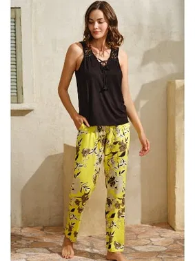 Anıl Sıfır Kol V Yaka Viskon Çiçek Desenli Yazlık Uzun Uzun Paçalı Dantel Detaylı Pijama Takımı Anıl 9817