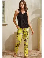 Sıfır Kol V Yaka Viskon Çiçek Desenli Yazlık Uzun Uzun Paçalı Dantel Detaylı Pijama Takımı Anıl 9817 Yeşil