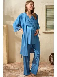 Anıl Sıfır Kol V Yaka Viskon Düz Yazlık Uzun Dantel Detaylı Hamile Pijama Takımı Sabahlık Anıl 5771