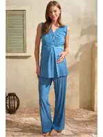Sıfır Kol V Yaka Viskon Düz Yazlık Uzun Dantel Detaylı Hamile Pijama Takımı Sabahlık Anıl 5771 Çivit detay görünüm