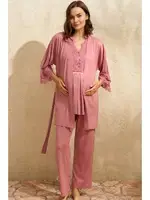 Sıfır Kol V Yaka Viskon Düz Yazlık Uzun Dantel Detaylı Hamile Pijama Takımı Sabahlık Anıl 5771 Gül Kurusu farklı açı
