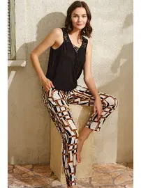 Anıl Sıfır Kol V Yaka Viskon Geometrik Yazlık Uzun İp Detaylı Pijama Takımı Anıl 9804