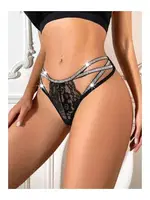 Simli Şeritli Dantelli Kadın Siyah Külot 1001 Siyah görsel 5