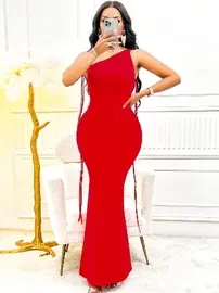 Pink Night Sırt Dekolteli Kırmızı Seksi Uzun Elbise Pink Night 5521