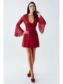 İmaj Sırt Dekolteli Mini Saten Dantelli Transparan Fantazi Gecelik İmaj 4210