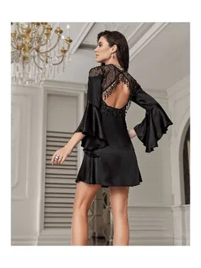 İmaj Sırt Dekolteli Mini Siyah Saten 2'li Gecelik Takımı Dantel Püsküllü İmaj 3200