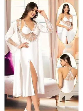 XSES Sırt Dekolteli Saten İnce Askılı 2Li Gecelik Sabahlık Çeyiz Seti XSES 2110