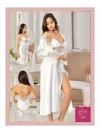 XSES Sırtı Çapraz Askılı Derin Yırtmaçlı Saten 2Li Gecelik Sabahlık Çeyiz Seti XSES 2104