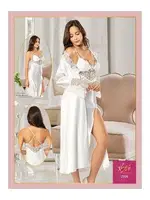 Sırtı Çapraz Askılı Derin Yırtmaçlı Saten 2Li Gecelik Sabahlık Çeyiz Seti XSES 2104 Ekru