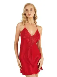 Ahu Lingerie Sırtı Çapraz Askılı Kırmızı Kısa Saten Gecelik Ahu Primoda 8247