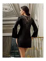 Siyah 2 Parça Saten Gecelik Takımı Göğüs Sırt Dantel Kristal Taş Detaylı İmaj 4207 Siyah detay görünüm