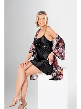 Ahu Lingerie Siyah 2Li Askılı Kısa Gecelik Sabahlık Takımı Ahu Loriva 1920