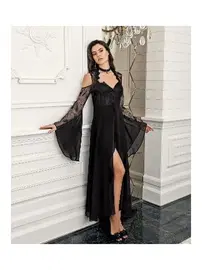 İmaj Siyah 2li Saten Gecelik Takımı Transparan Dantel İmaj 3204