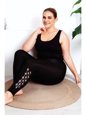 Lady Siyah Büyük Beden Yüksek Bel Taş Detaylı Tayt Lady 1123