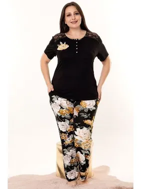Lady Siyah Çiçek Desenli Tüllü Viskon Kapri Pijama Takımı Büyük Beden Lady 10972