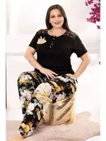 Siyah Çiçek Desenli Tüllü Viskon Kapri Pijama Takımı Büyük Beden Lady 10972 Siyah detay görünüm